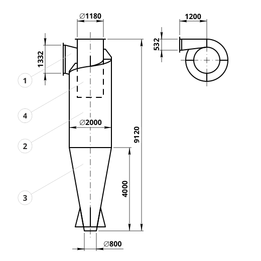 Креслення циклона ЦН-15-2000: елементи конструкції і геометричні розміри